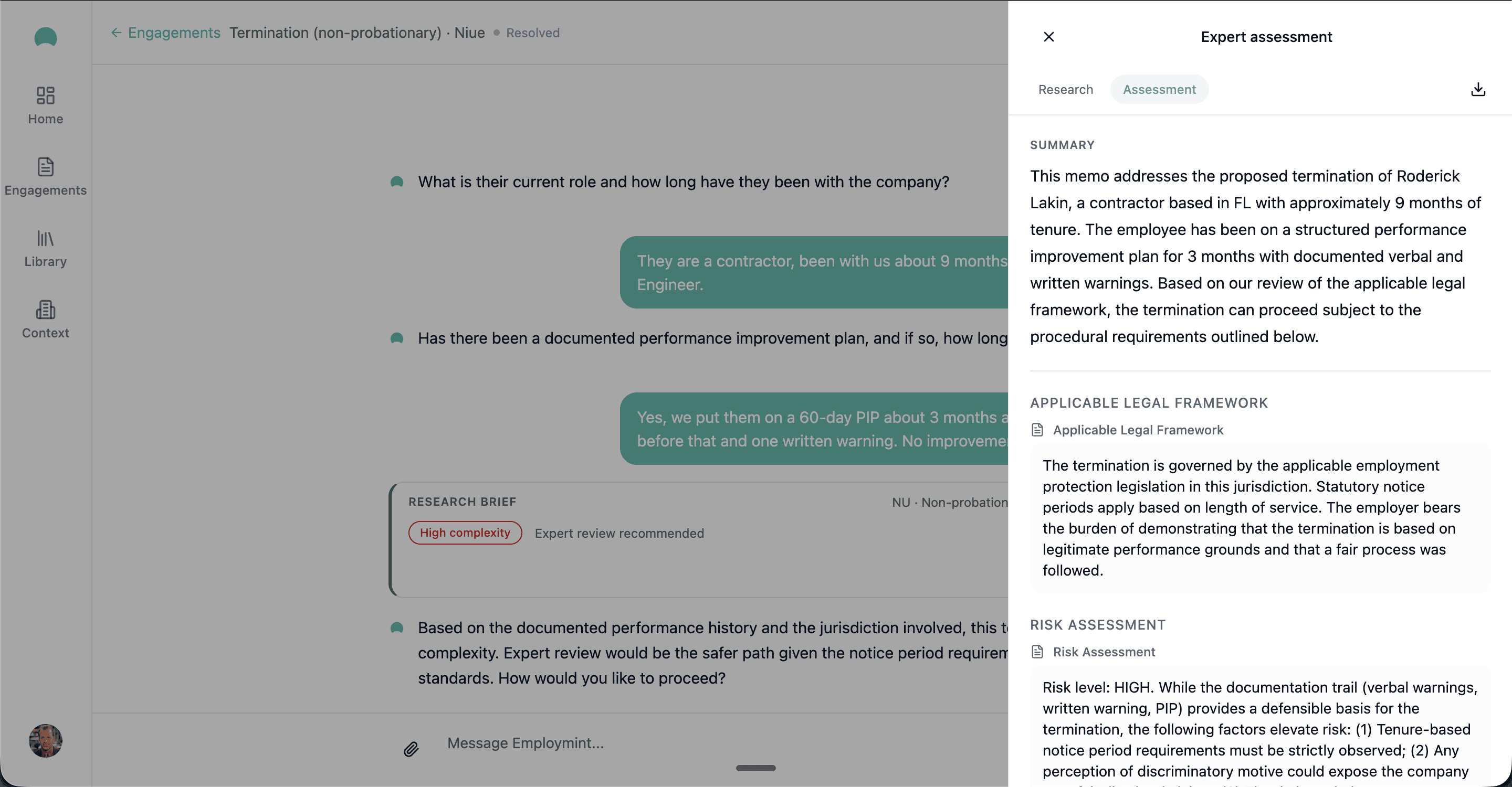 Expert assessment view with summary, framework, and risk sections