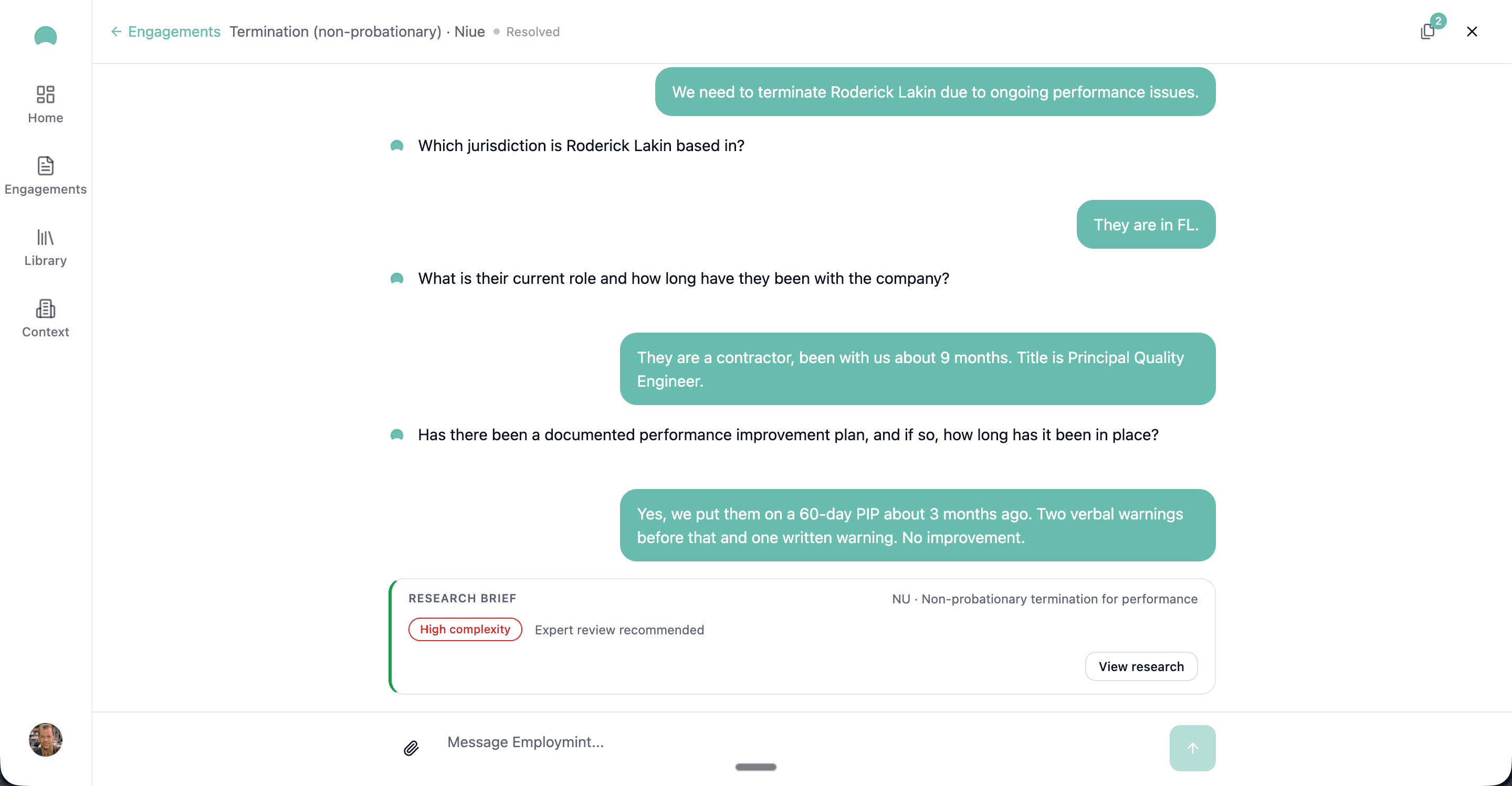 Employmint intake flow showing structured questions about jurisdiction and employment context